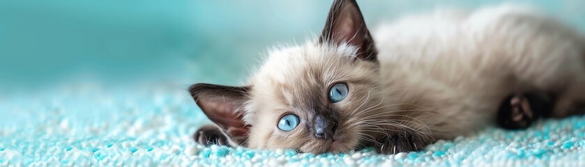 Adorable kitten with blue eyes lying on a soft blue blanket.