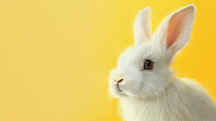 Cute white rabbit with big ears looking to the side on a yellow background.