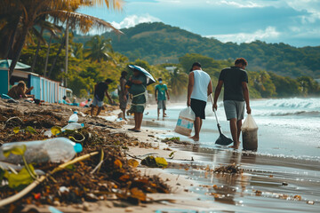 Community volunteers clean dirty beaches, taking responsibility for the environment