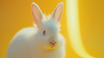 Cute white bunny rabbit with blue eyes looking at the camera.