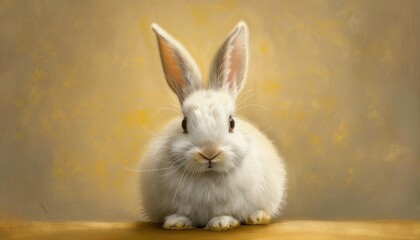 A cute white rabbit sitting on a light brown background.