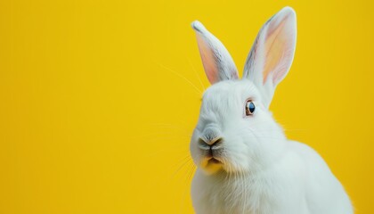 White rabbit with long ears and blue eyes against a yellow background.