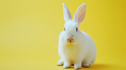 Cute white rabbit sitting on a yellow background.