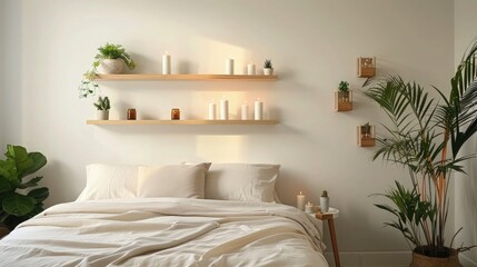 Minimalist bedroom with a simple yet elegant bed, modular shelving, tea candles, and sparse houseplants near a stark white wall, close-up view.