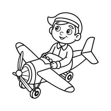 recommend clip art: little boy operating a plane vector illustration line art