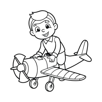 recommend clip art: little boy operating a plane vector illustration line art
