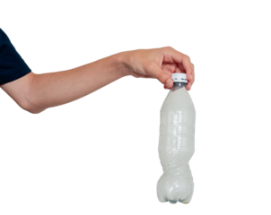 Close up hand holding empty plastic water bottle on white background. Man hand throwing empty plastic bottles with white cap in the recycle trash.