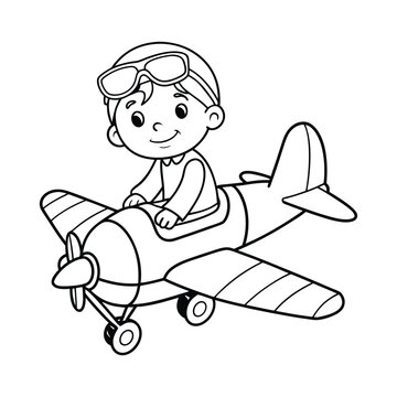 recommend clip art: little boy operating a plane vector illustration line art