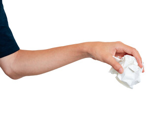 Hand holding squeezing crumbled paper isolated on a white background. Man hand throwing crumbled...