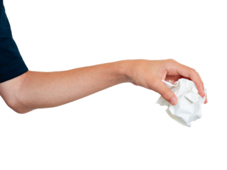 Hand holding squeezing crumbled paper isolated on a white background. Man hand throwing crumbled waste paper in an idea of to trow in recycle trash.