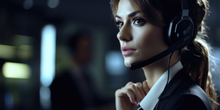 A person working in a call center wearing a headset, ideal for use in illustrations about communication or technology