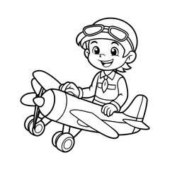 little boy operating a plane vector illustration line art