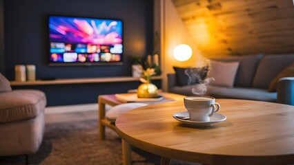 Led tv on dark blue wall with wooden table in living room