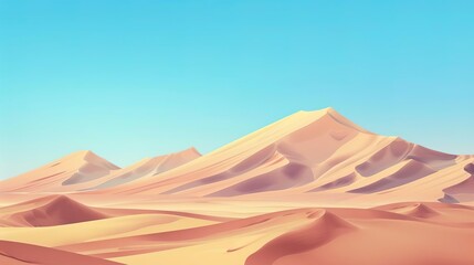 Vast desert landscape with sand dunes and mountains under a clear blue sky.