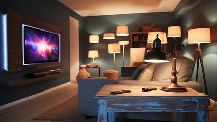 Led tv on dark blue wall with wooden table in living room