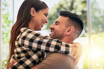 Fototapeta premium Couple, love and hug for trust, marriage and unity with affection or support. Partnership, together and romantic with smile for man and woman, profile and relax embrace in home garden with nature