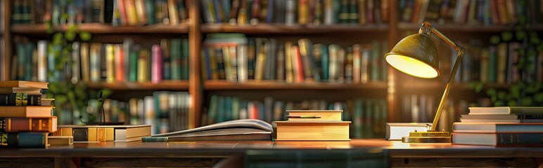 Fototapeta premium Real photo of wooden desk with fresh plant, black lamp, coffee cup and books standing on half-wall with simple posters. AI generated illustration