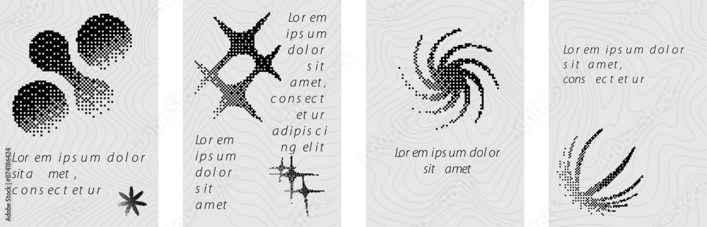 Poster Monochrome retro Y2K brutal posters with abstract vector bitmap effect that imitates pixels. Y2K modern graphic elements and geometric shapes. Vector EPS 10