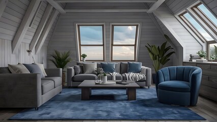 Naklejka premium Grey and blue living room