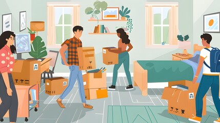 Family Moving Into Dorm Room with Boxes and Decor Items