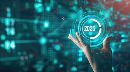 Business strategy concept with a hand holding a target icon and "2025" text against a digital tech background, emphasizing goals and vision for the year