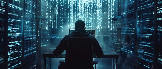 Lone hacker in a dark room, data streams surrounding, Hacker with computer, digital data theft