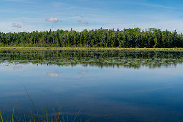 Smooth reflecting water of a peaceful lake..