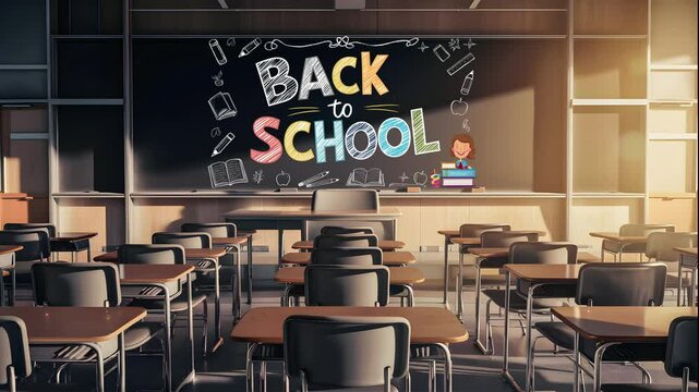 An empty classroom awaits students for the new school year. The board is decorated with colorful chalk drawings and the words "Back to School." A paper plane flies over the board.