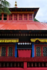 The colorful facade of the monastery built on a hill in the Monjo, Manjo village on the Mount Everest Basecamp Trek, EBC, Nepal