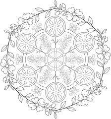 A zen mandala illustration,black and white image for relaxation.