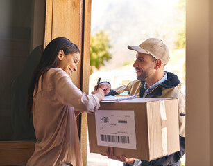 Delivery, parcel and package for signature and paperwork, distribution and box for logistics. Post...