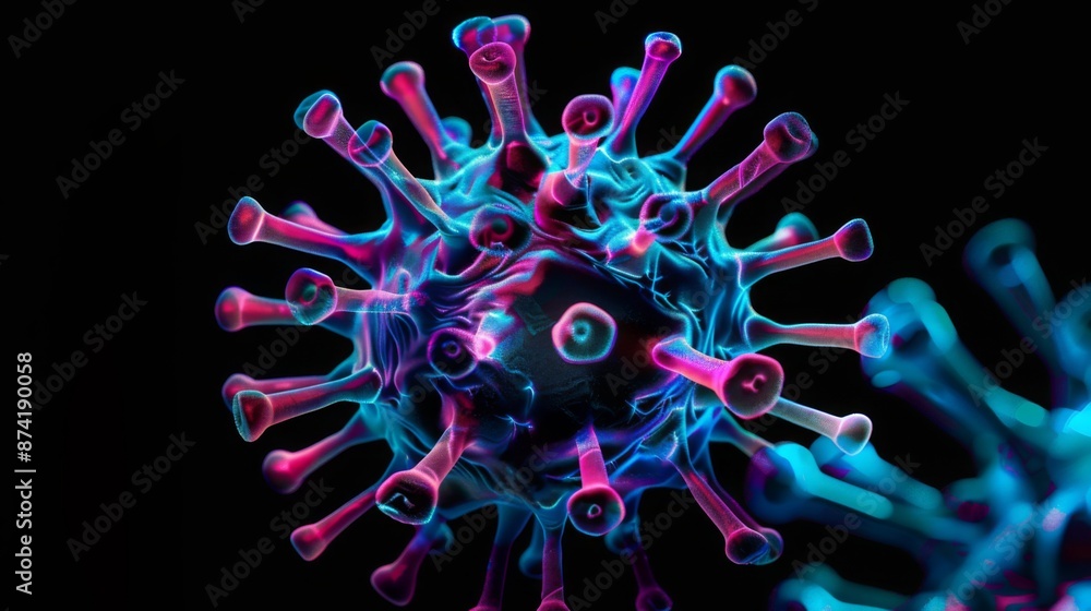 Poster A 3D rendering of a virus particle, with blue and pink spikes extending outwards. The image is created to visualize the microscopic structure of a virus.
