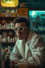 A person in a lab coat and glasses sitting at a table, possibly conducting scientific research or working on a project