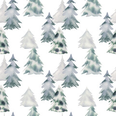 Obraz premium Watercolor winter seamless pattern with spruces for fabric, wrapping paper, etc.