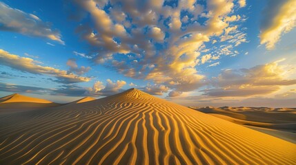 Wind-sculpted sand dunes, perfect ripples at golden hour. Fujifilm GFX 100S with 32-64mm f/4 lens, circular polarizer. Dramatic cloudscape 