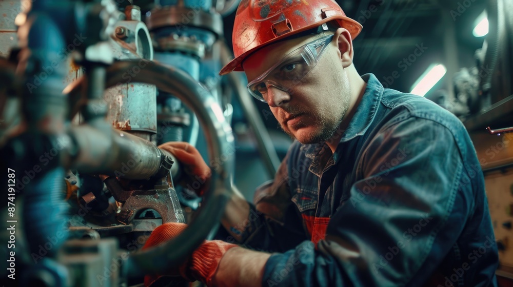 Poster man working on industrial machine in a factory setting