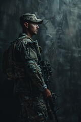 Obraz premium moody portrait of soldier in darkness