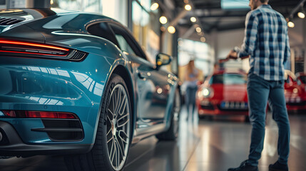 A customer inspects a car before leasing, meticulously examining every detail to ensure it meets their standards. Accompanied by a leasing agent, they walk around the vehicle, checking the exterior.