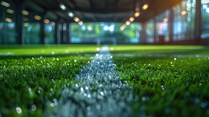 Indoor soccer field with vibrant green turf and white line marking, illuminated by bright overhead lights.