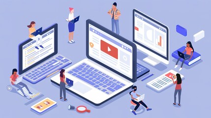 Flat design, A group of high school students completing virtual assignments, with a variety of digital devices and learning materials, and copy space on the right, depicting