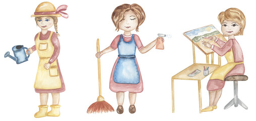 Kids Characters Collection: Set of different professions in cute style, Abc professions illustration, watercolor children educational graphics: housekepper, illustrator, artist, gardener clipart