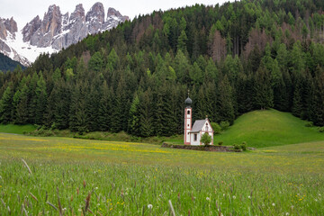 Naklejka premium Landscape in Villnoess Valley and St. John's Chapel in South Tyrol