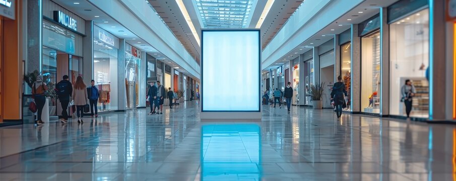 Modern shopping mall interior with illuminated signage, people walking, and various storefronts visible along the corridor.