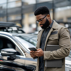 Naklejka premium leasing agent is checking leased vehicle, ensuring it meets all return condition standards.Carefully examining the exterior,they look for any scratches,dents,other signs damage.They note the condition