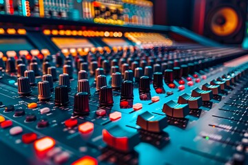 Fototapeta premium Vibrant Audio Mixing Console in a Professional Recording Studio