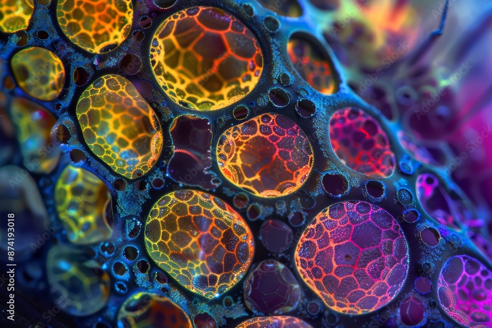 Wall mural abstract macro photography of multicolored bubbles with detailed geometric patterns and a shiny, met