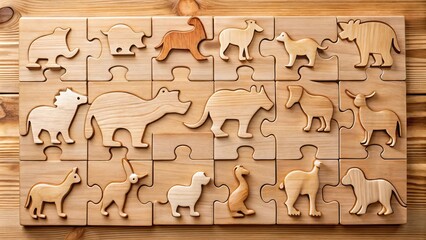 Wooden puzzle with animal shapes fitting snugly together, wood, puzzle, animals, shapes, wooden, texture, snug, fit, solving
