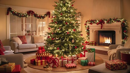 Interior living room with a Christmas tree and gifts