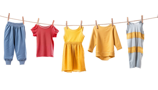 clothes sweatshirts dresses pants drying on clotheslines on a white background