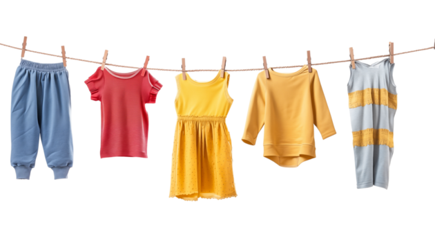 clothes sweatshirts dresses pants drying on clotheslines on a white background